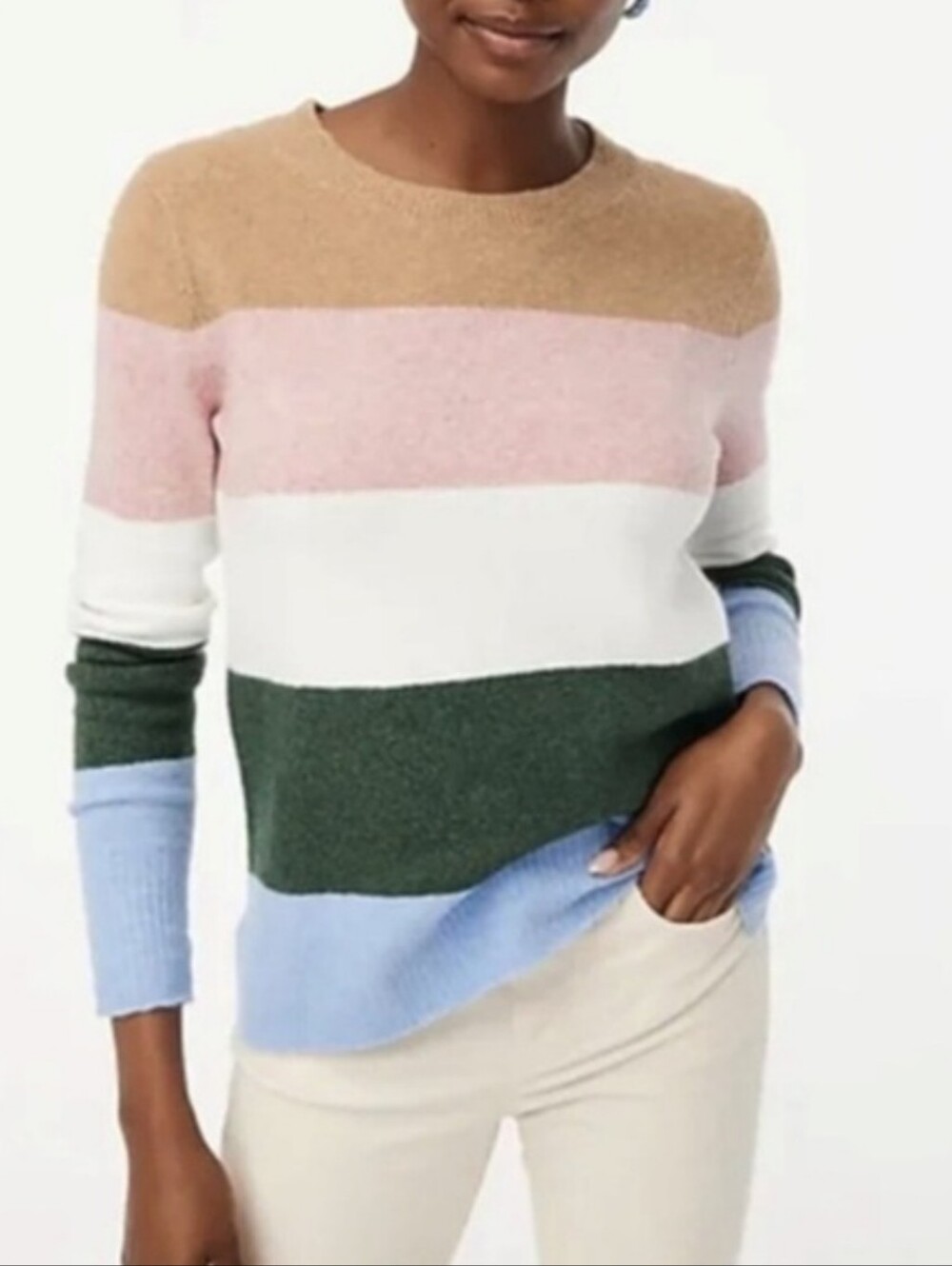 J. Crew Extra Soft Colorblock Crewneck Sweater - Pink, Green, Blue, White, Tan